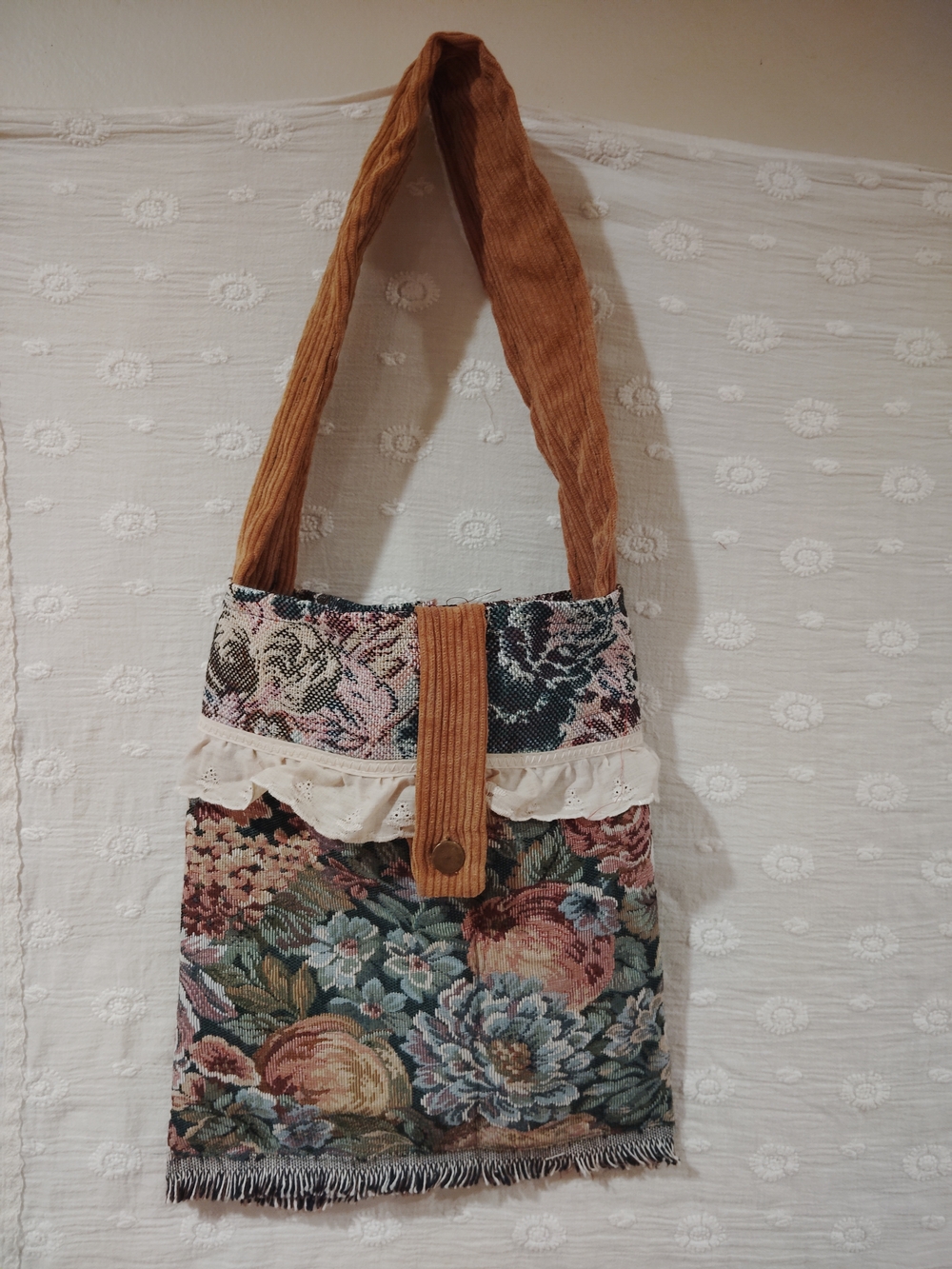 Floral Tapestry Shoulder Bag with Brown Corduroy Strap